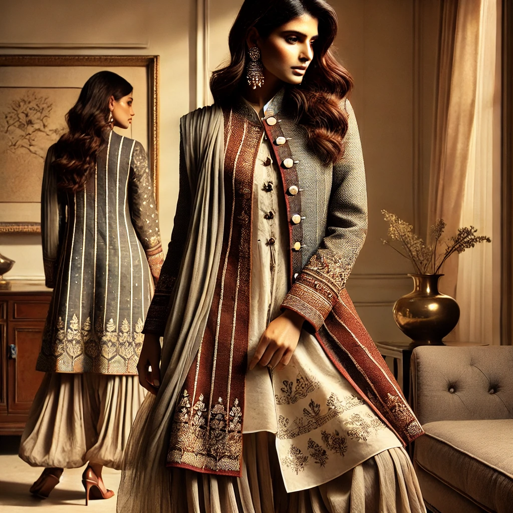 DALL·E 2024 11 17 20.20.36 A stylish Indian woman wearing a layered outfit showcasing a modern yet culturally inspired look. The attire features multiple layers with rich