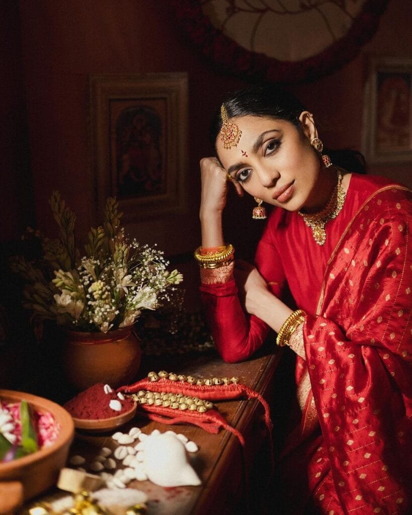 Sobhita Dhulipala Dazzles in Red Silk Saree at Pelli Kuthuru Ceremony Ahead of Wedding 141 sobhita