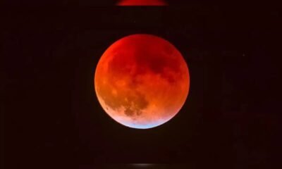 The “Blood Moon” appearance results from Rayleigh scattering—