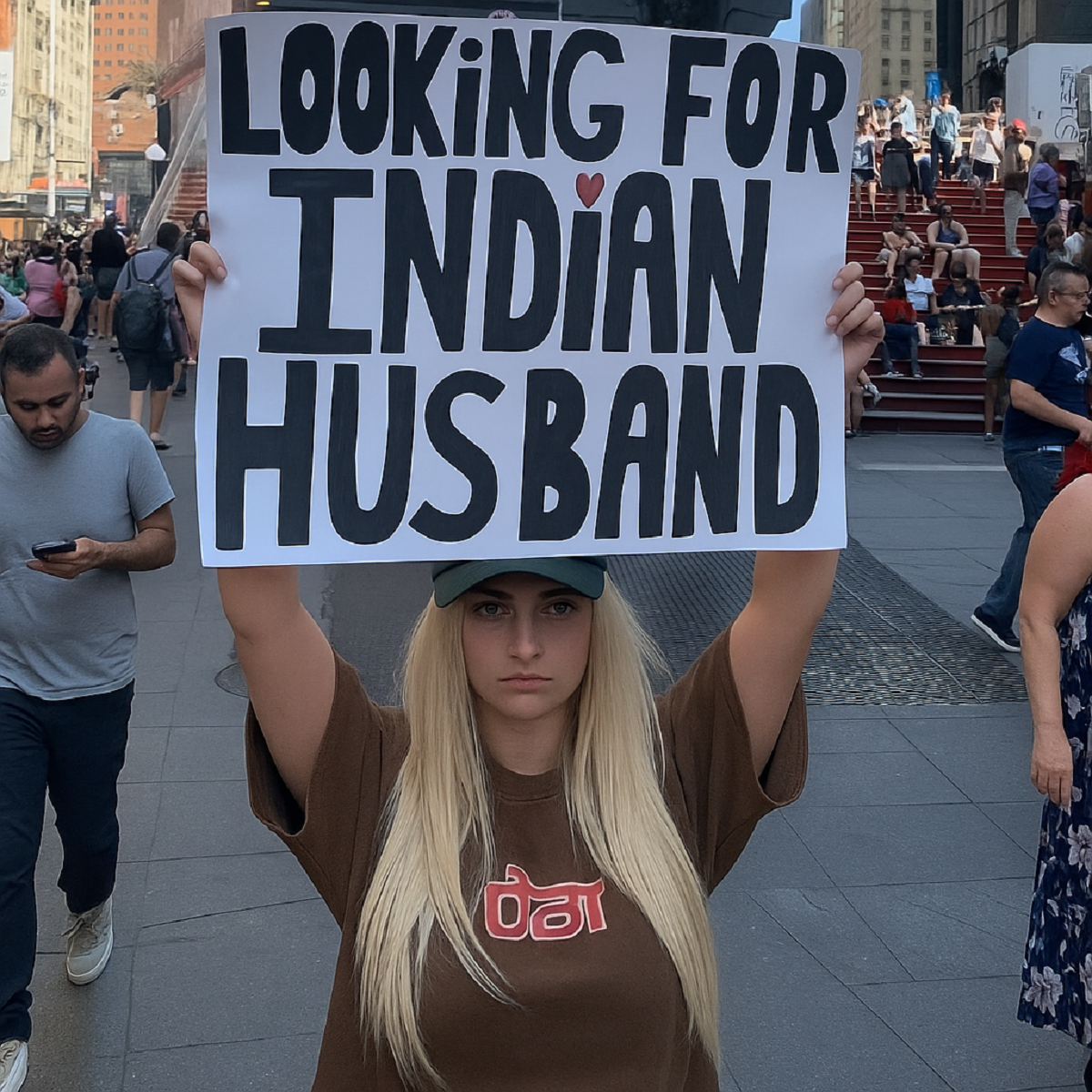 Indian Husband Viral video from Times Square stuns social media. An American girl with a placard seeking an Indian husband- 149 The phrase Indian Husband Viral has been trending globally