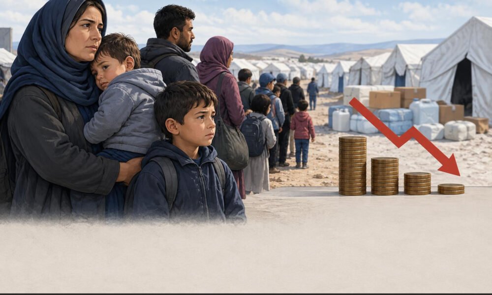 Refugee family receiving humanitarian aid