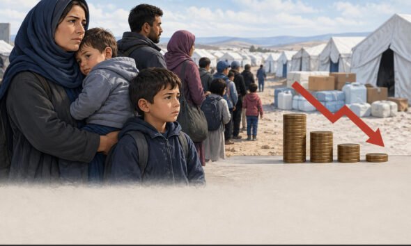 Refugee family receiving humanitarian aid