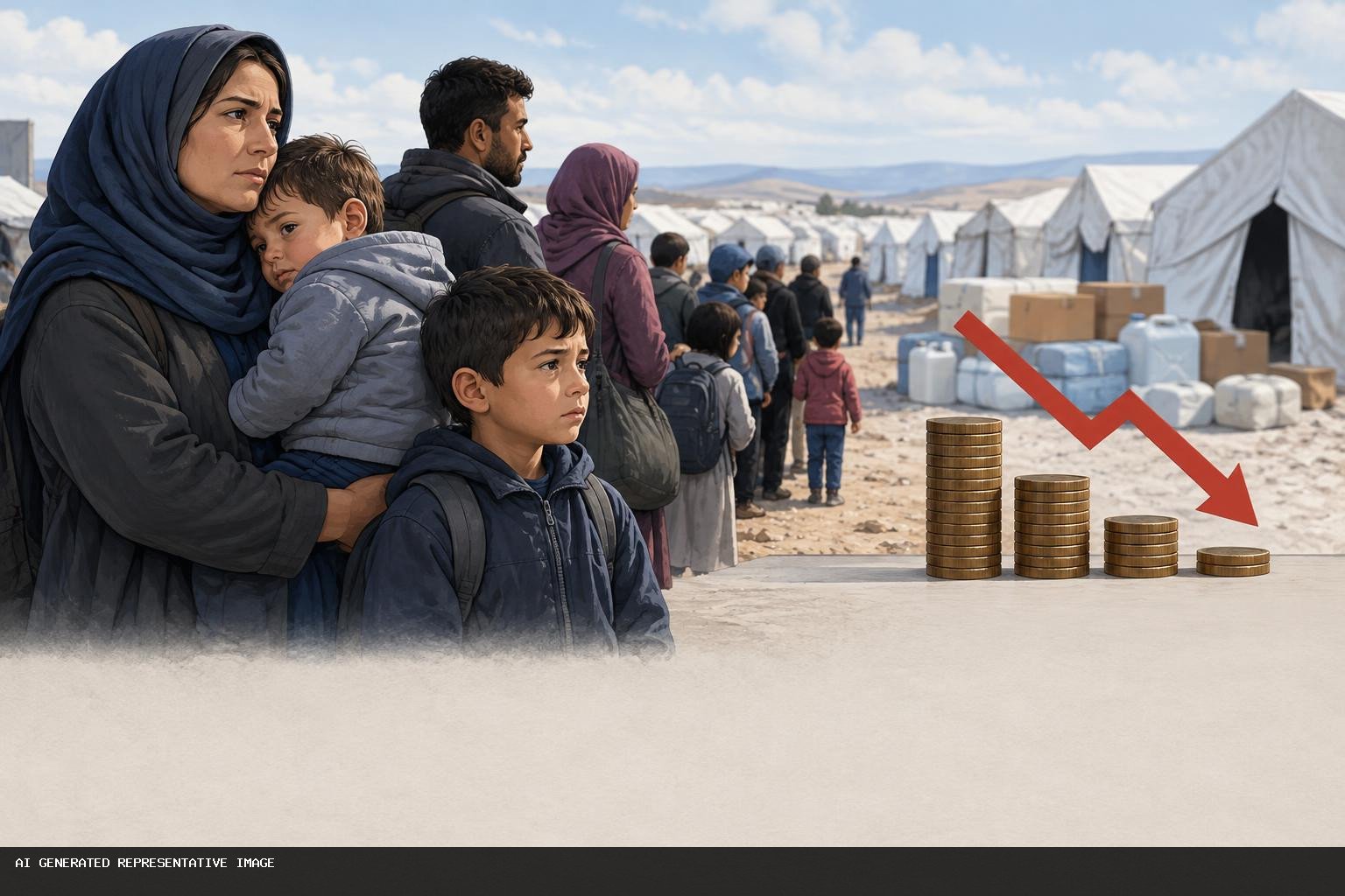 Refugee family receiving humanitarian aid